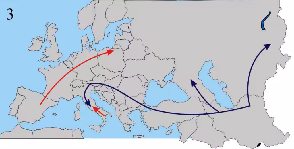 3 - Pendant la période interglaciaire, les abeilles ont sans doute recolonisé une partie de l’Europe en contournant les chaînes de montagne. Cette reconstitution est hypothétique car l’étape 4 va effacer toute trace de cette recolonisation. Notez que c’est probablement durant cette période que les abeilles colonisent la région nord-méditerranéenne.