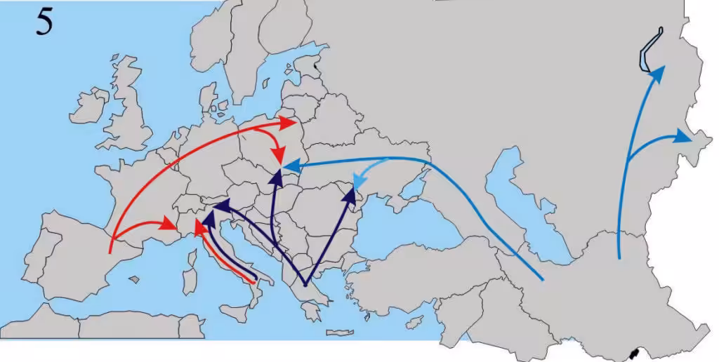 Recolonisation finale aboutissant à la situation actuelle de répartition des lignées. C’est pendant cette recolonisation que les abeilles vont s’adapter progressivement au climat tempéré froid de l’Europe du Nord et former les différentes races.