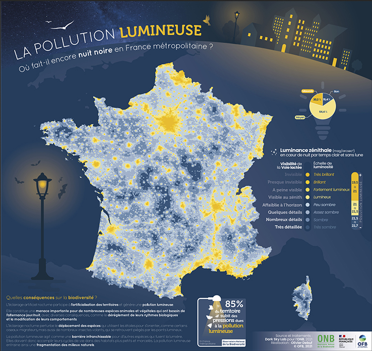 Sur le ofb.gouv.fr, vous trouverez un poster sur le sujet : « La pollution lumineuse : Où fait-il encore nuit noire en France métropolitaine ? ». ©CC BY 3.0 FR - ©https://creativecommons.org/licenses/by/3.0/fr/